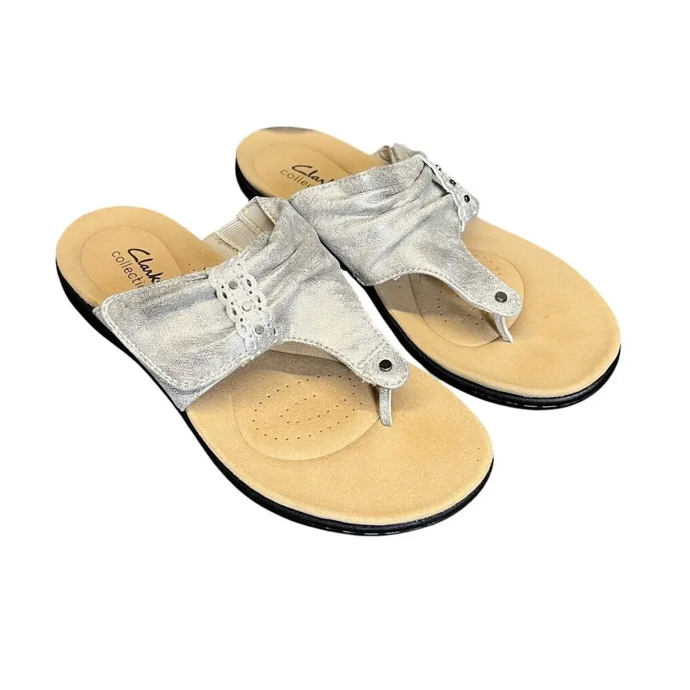 Clarks Sandal Womens 7.5 Metallic Leather Thong Flip Flop Adjustable Strap
